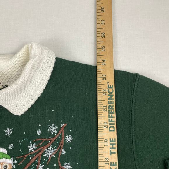 VTG Top Stitch Christmas Owls Collared Sweatshirt size L Green Embroidered - Picture 6 of 7